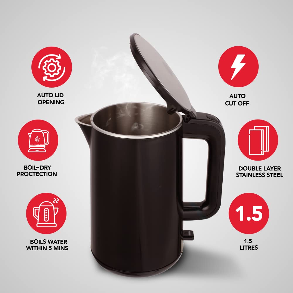 SHARP 1.5 Liter Electric Kettle | Double Layered, Stainless Steel | 2200 Watts | EKJ-15DN-B