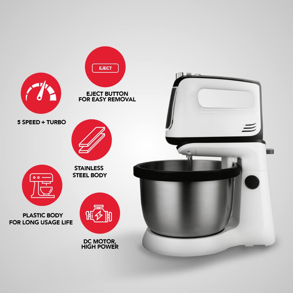 SHARP Stand Mixer | 300W, 5-Speed, Turbo Mode, 3.4L SS Bowl, Multiple Hooks for Whisking and Dough Making | EM-S34N-W