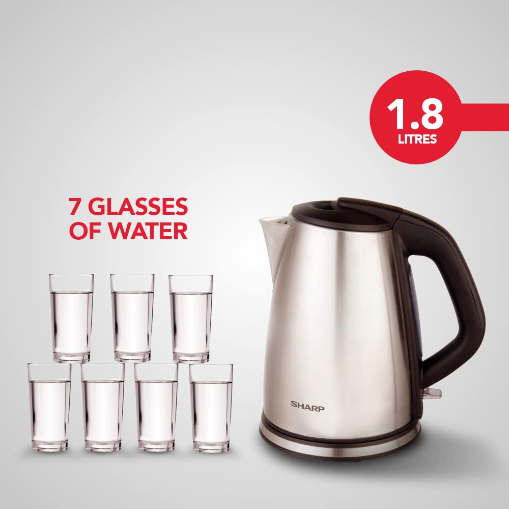 SHARP Stainless Steel Electric Kettle 1.8 Litre Electric Kettle | Auto-Cut function, Auto Lid Open | Japan Quality | EKJ-18WN-S