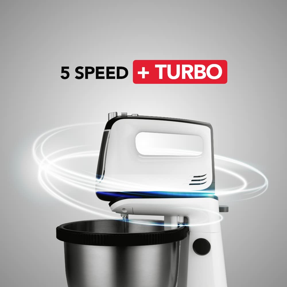 SHARP Stand Mixer | 300W, 5-Speed, Turbo Mode, 3.4L SS Bowl, Multiple Hooks for Whisking and Dough Making | EM-S34N-W