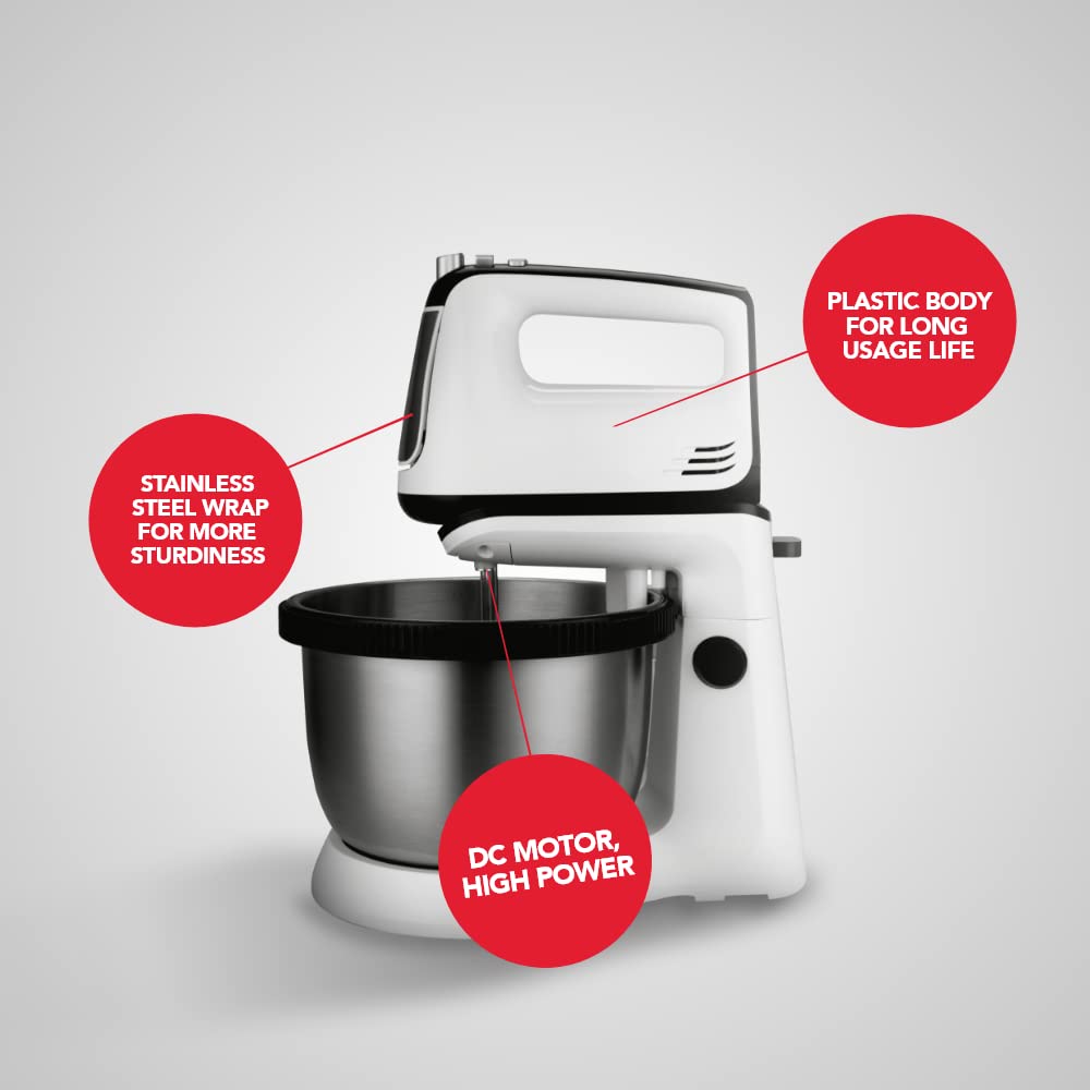 SHARP Stand Mixer | 300W, 5-Speed, Turbo Mode, 3.4L SS Bowl, Multiple Hooks for Whisking and Dough Making | EM-S34N-W