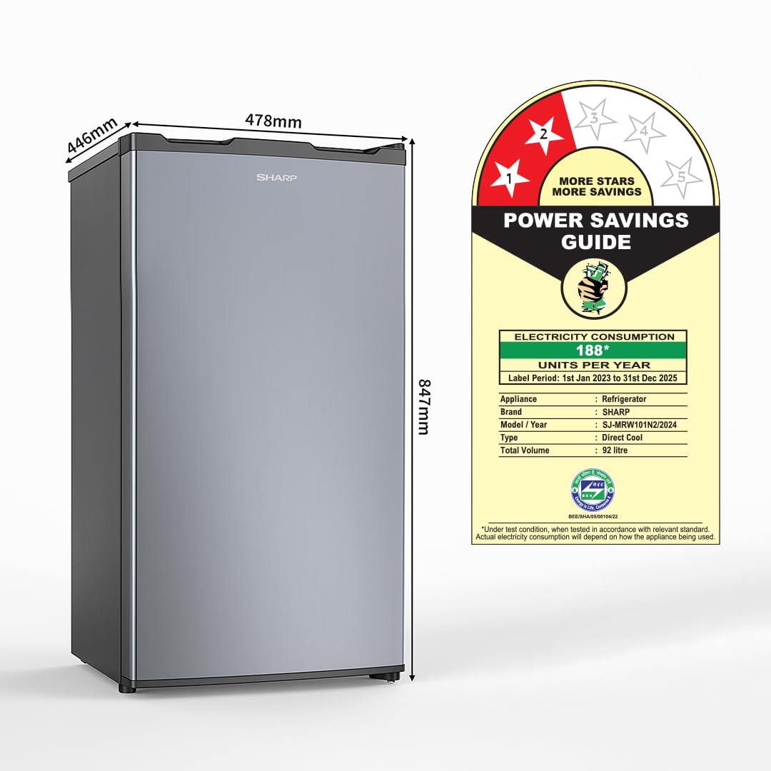 SHARP 92L Mini Single-Door Refrigerator | Toughened Glass Shelves | Japan 7-Shield Protection | SJ-MRW101N2-PSS