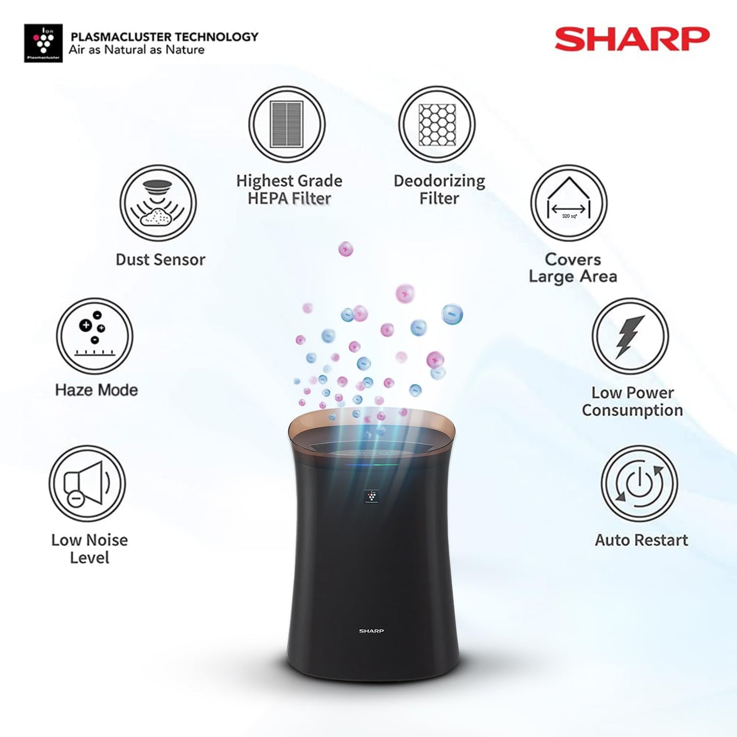SHARP Air Purifier with Plasmacluster | Removes 99.97% Pollutants - Bacteria, Virus, Mold, VOCs | HEPA, Carbon & Pre Filter | Japan Tech | 320 sq.ft. | FP-F40E