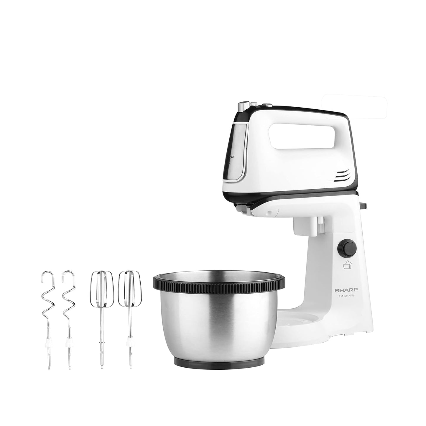 SHARP Stand Mixer | 300W, 5-Speed, Turbo Mode, 3.4L SS Bowl, Multiple Hooks for Whisking and Dough Making | EM-S34N-W