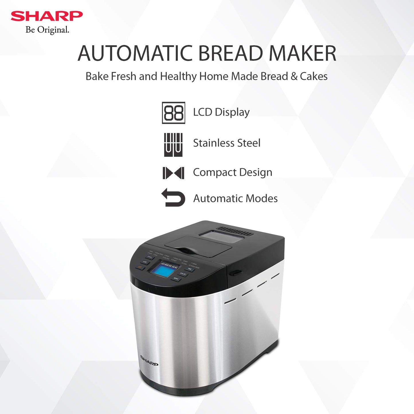 SHARP Fully Automatic Atta and Bread Maker | 12 Pre Set Menu including Gluten-free | 3 Crust Colours | Fruit & Nut Dispenser | LCD Display | PE-105-CS