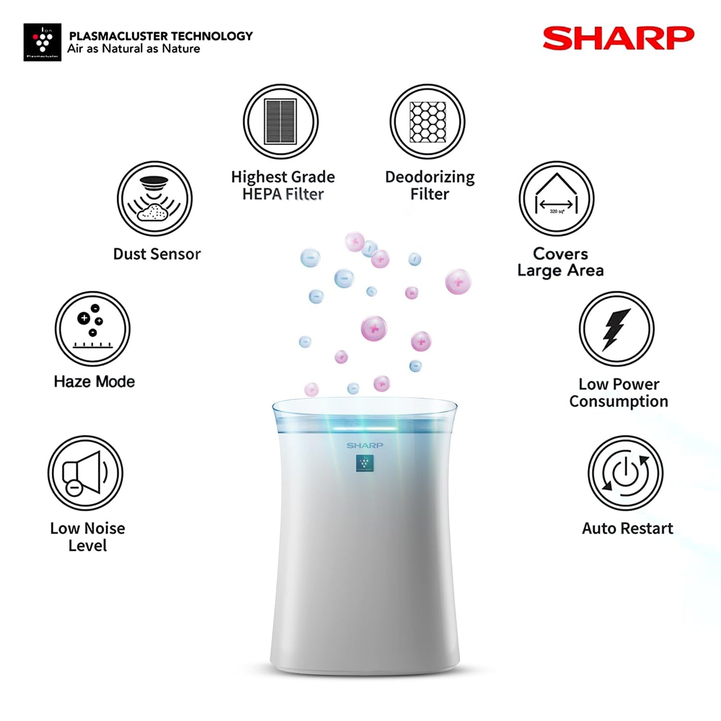 SHARP Air Purifier with Plasmacluster | Removes 99.97% Pollutants - Bacteria, Virus, Mold, VOCs | HEPA, Carbon & Pre Filter | Japan Tech | 320 sq.ft. | FP-F40E