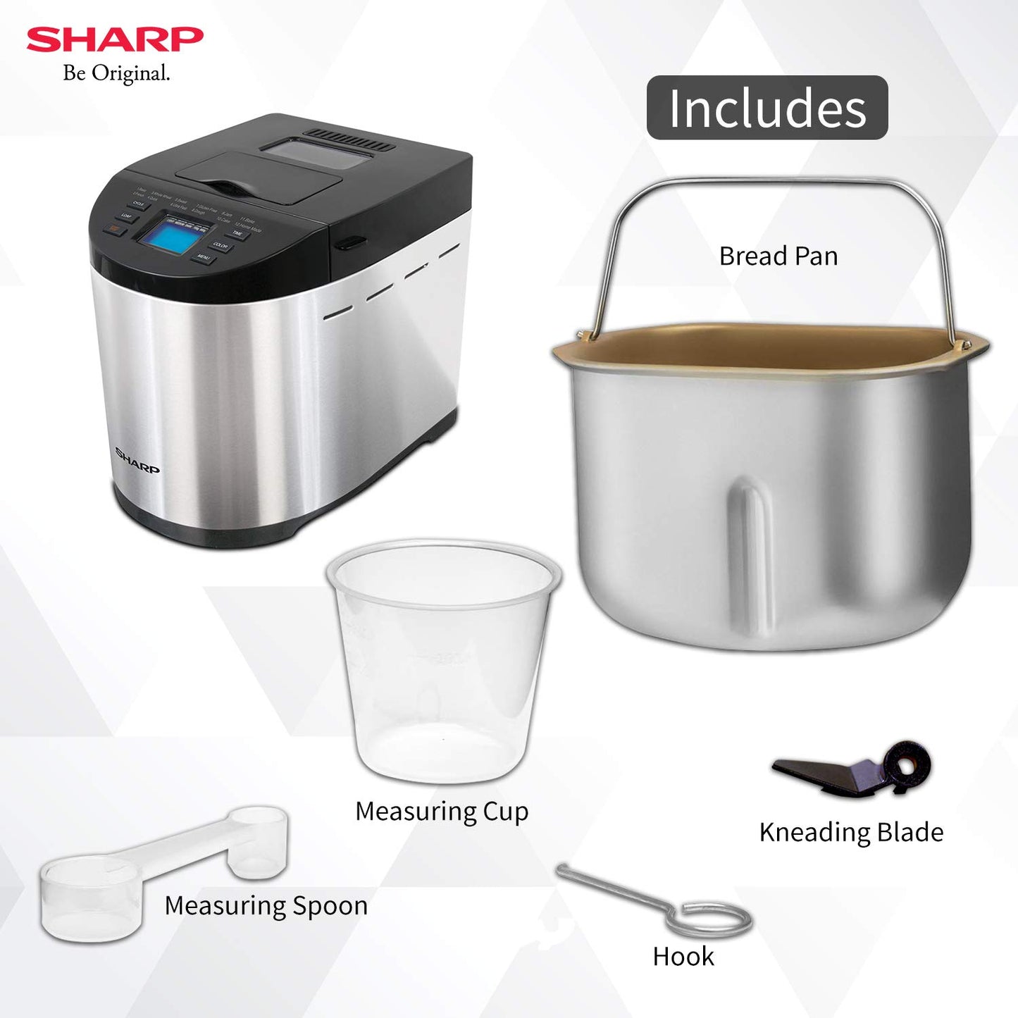 SHARP Fully Automatic Atta and Bread Maker | 12 Pre Set Menu including Gluten-free | 3 Crust Colours | Fruit & Nut Dispenser | LCD Display | PE-105-CS