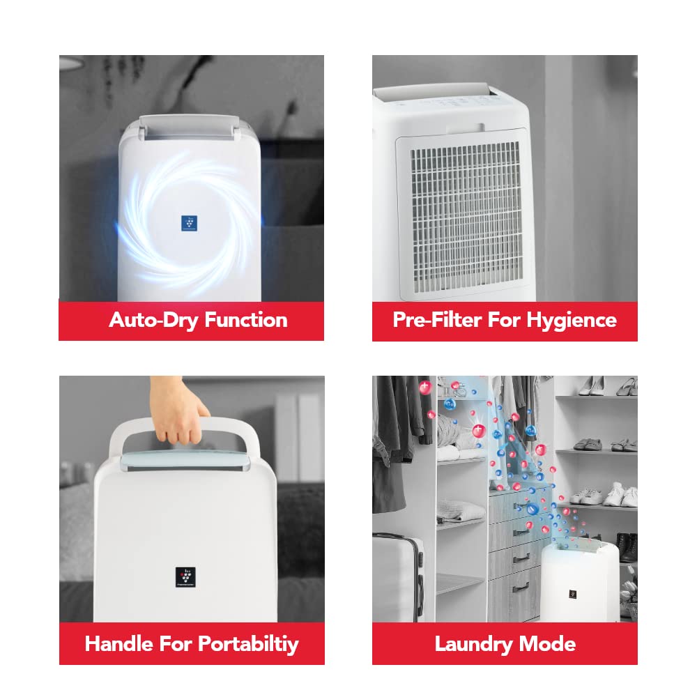 SHARP Compact Dehumidifier for Home & Office with Plasmacluster | Removes Bacteria, Virus, Mold, VOCs | Japan Technology | 250 ft² | DW-P10M-W