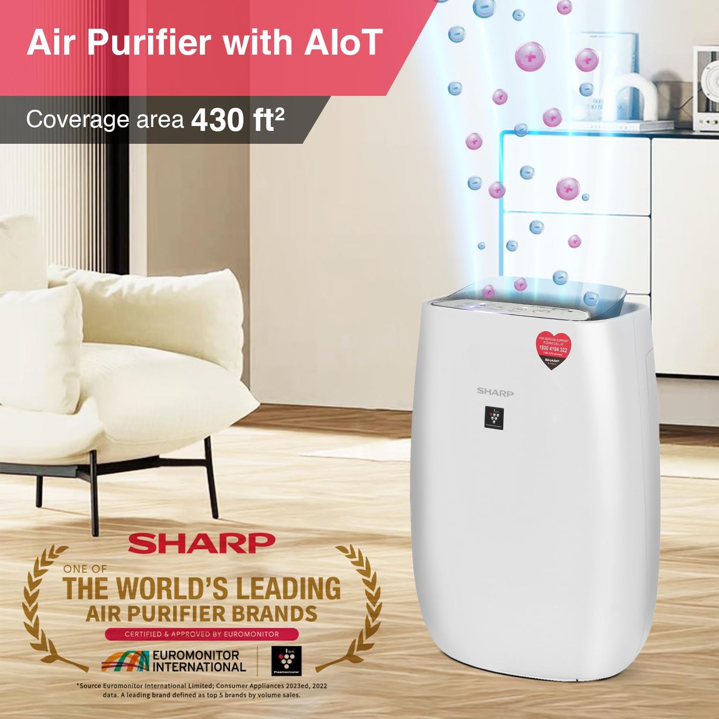 SHARP Air Purifier with Plasmacluster & WiFi | Removes 99.97% Pollutants - Bacteria, Virus, Mold, VOCs | PM2.5 Indicator | 4-Stage Filter | Japan Tech | 430 ft² | FP-J52M-W