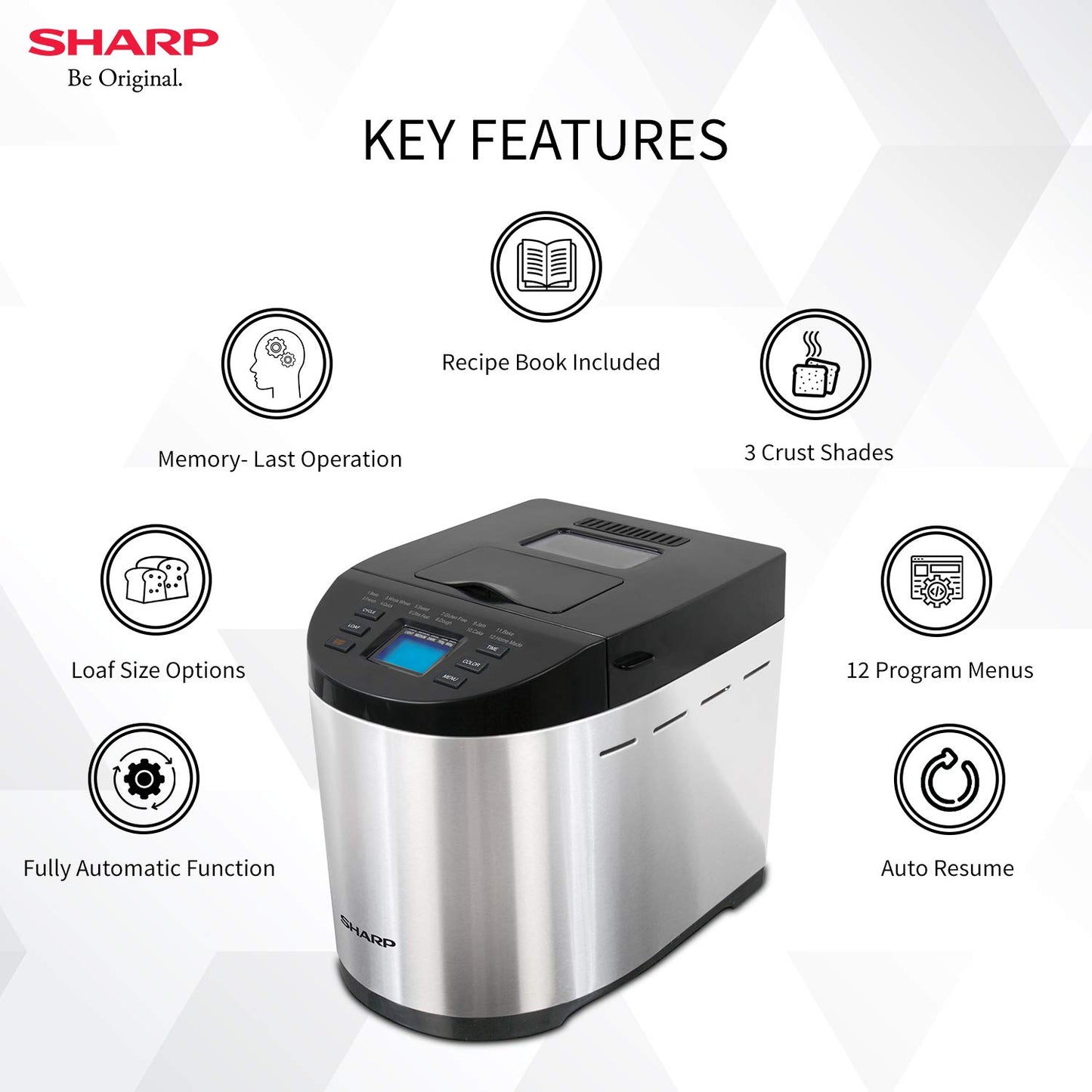 SHARP Fully Automatic Atta and Bread Maker | 12 Pre Set Menu including Gluten-free | 3 Crust Colours | Fruit & Nut Dispenser | LCD Display | PE-105-CS