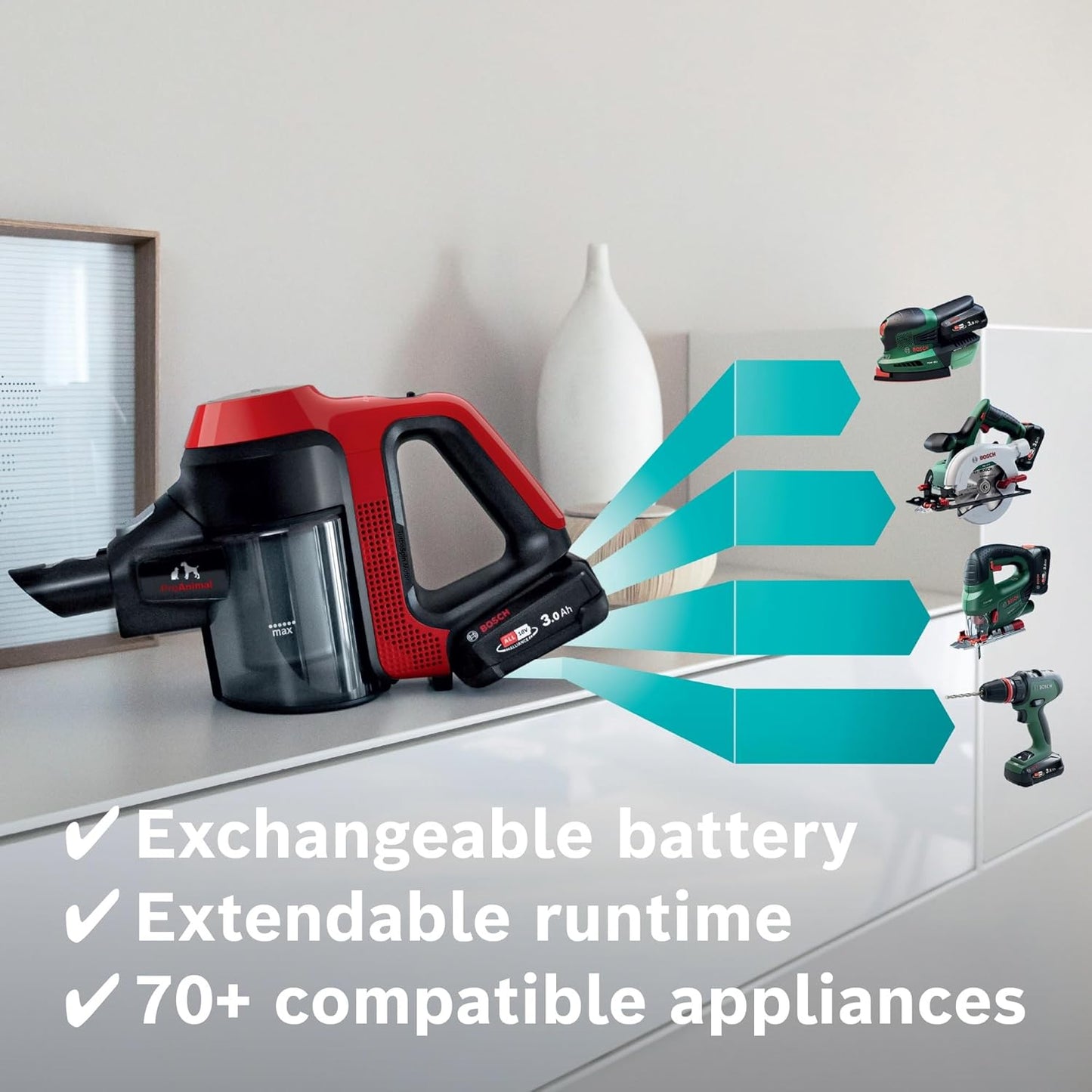 Bosch Unlimited 7 ProAnimal | Cordless Vacuum Cleaner with Rechargeable Battery, FlexTube, LED Lighting | 10 Year Motor Warranty | BCS71PETIN