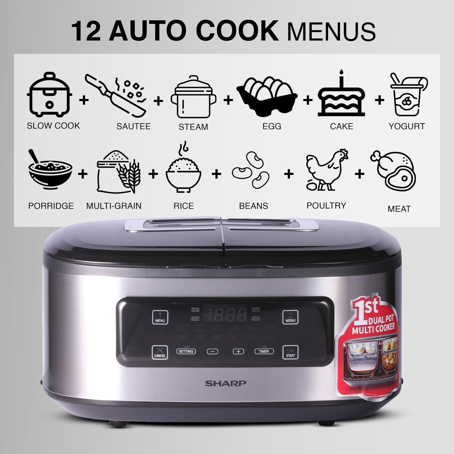 SHARP Electronic Twin Cooker | 5L Non-Stick Dual Pot Design | 12 Auto Cooking Modes | Japan Technology | KN-TC50VI-SL