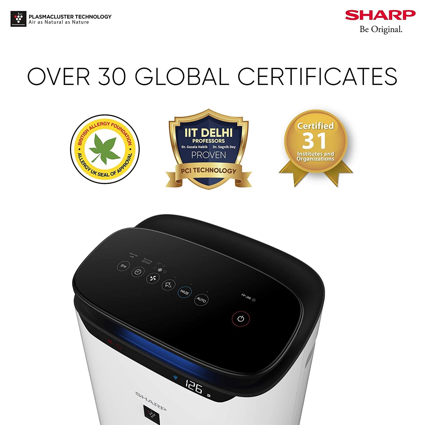 SHARP Air Purifier with Plasmacluster | Removes 99.97% Pollutants - Bacteria, Virus, Mold, VOCs | PM2.5 Indicator | 4-Stage Filter | Japan Tech | 550 ft² | FP‑J60M‑W