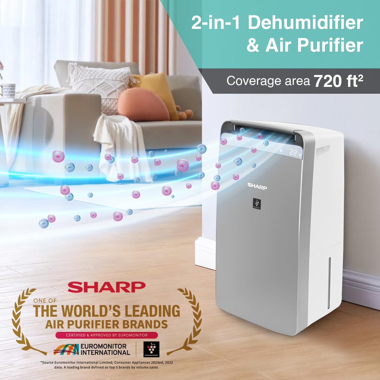SHARP Air Purifier with Dehumidifier with Plasmacluster | Removes 99.97% Pollutants - Bacteria, Virus, Mold, VOCs | HEPA, Carbon & Pre Filter | Japan Tech | 720 ft² | DW-J27FM-S