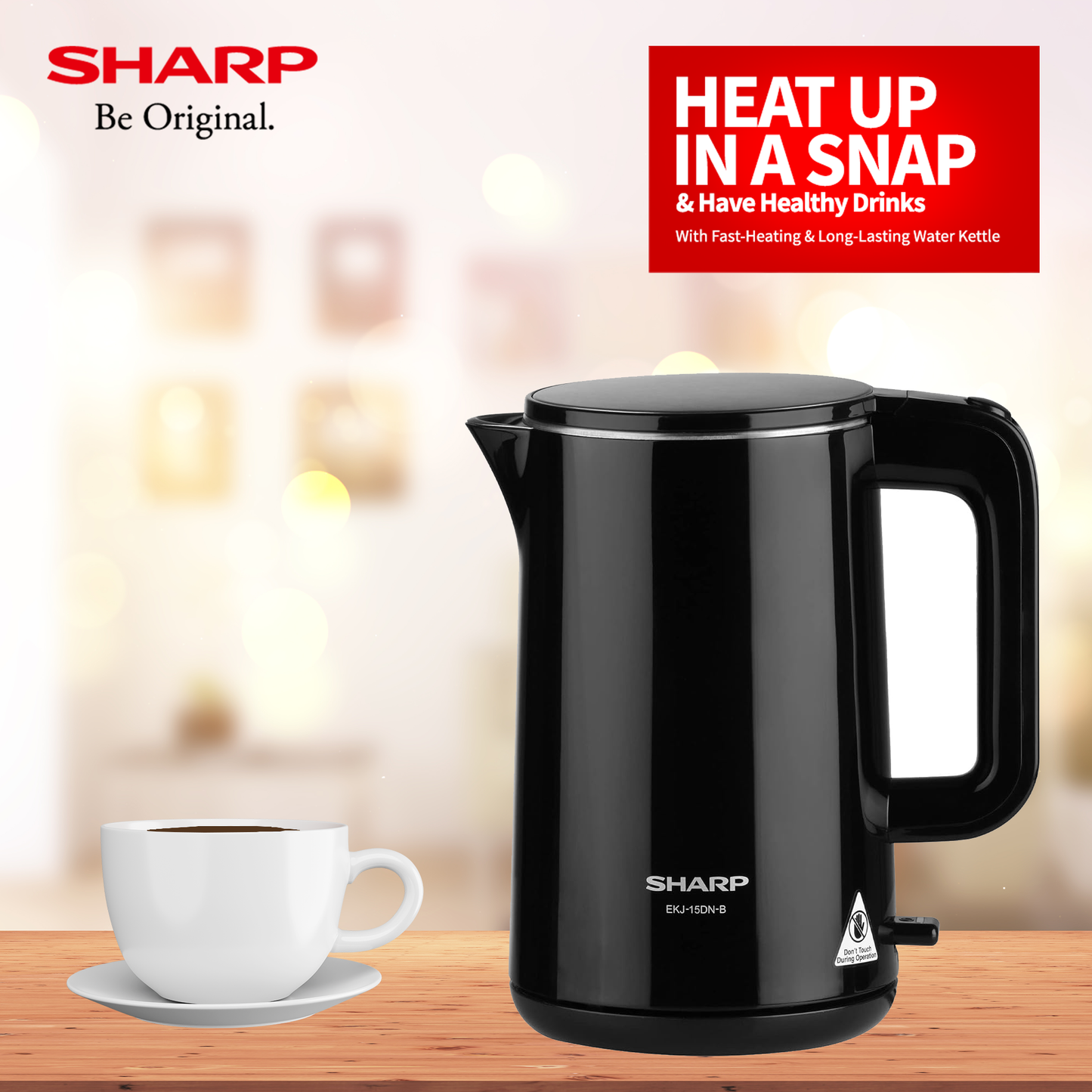 SHARP 1.5 Liter Electric Kettle | Double Layered, Stainless Steel | 2200 Watts | EKJ-15DN-B