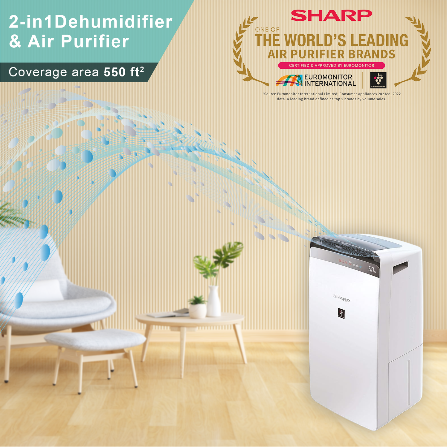 SHARP Air Purifier with Dehumidifier with Plasmacluster | Removes 99.97% Pollutants - Bacteria, Virus, Mold, VOCs | HEPA, Carbon & Pre Filter | Japan Tech | 550 ft² | DW-J20FM-W