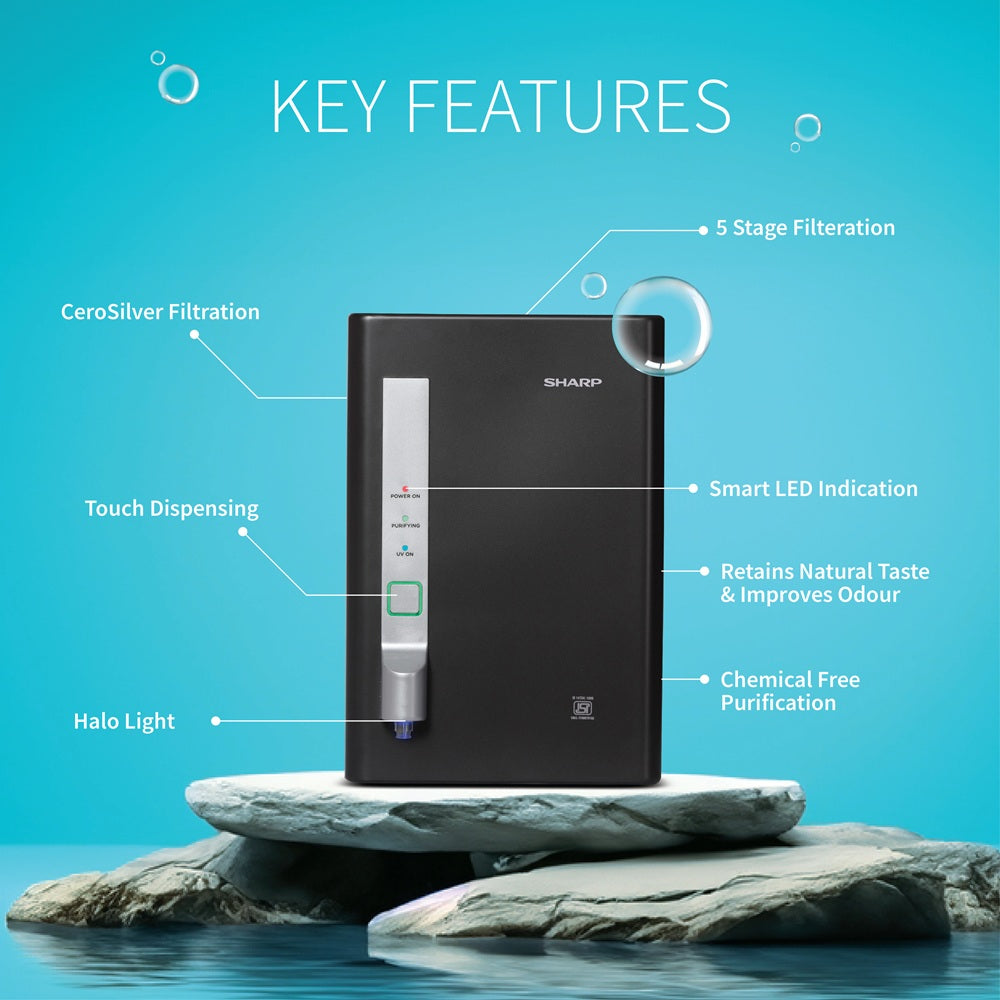 SHARP PureSip UV Water Purifier | 5-Stage Filtration & CeroSilver Technology | WJ-US004B-ES