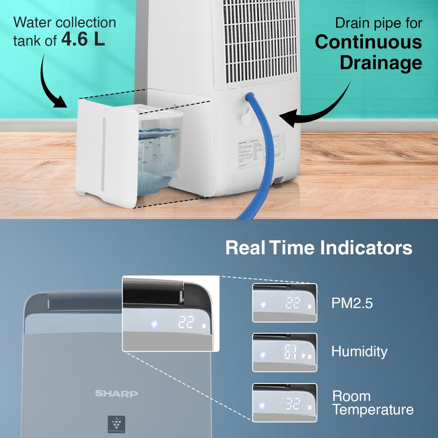 SHARP Air Purifier with Dehumidifier with Plasmacluster | Removes 99.97% Pollutants - Bacteria, Virus, Mold, VOCs | HEPA, Carbon & Pre Filter | Japan Tech | 720 ft² | DW-J27FM-S