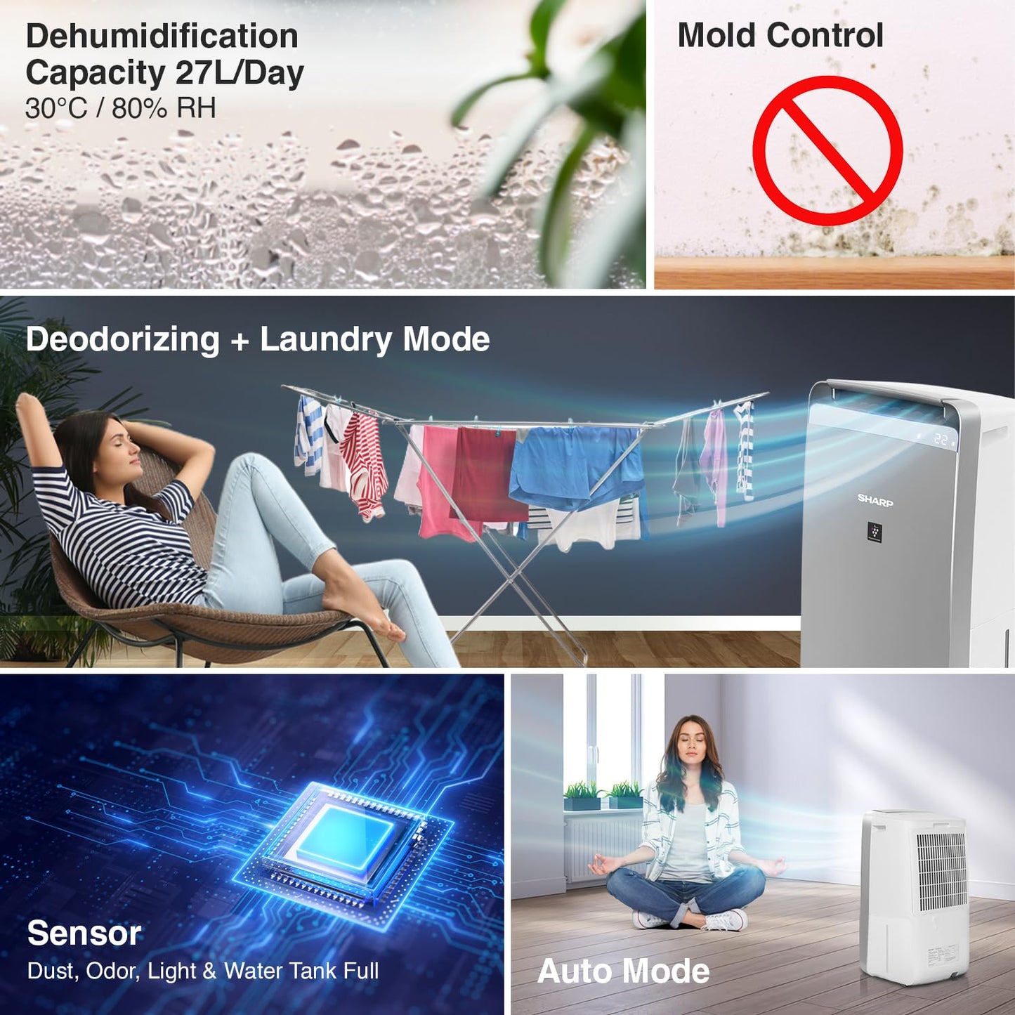 SHARP Air Purifier with Dehumidifier with Plasmacluster | Removes 99.97% Pollutants - Bacteria, Virus, Mold, VOCs | HEPA, Carbon & Pre Filter | Japan Tech | 720 ft² | DW-J27FM-S