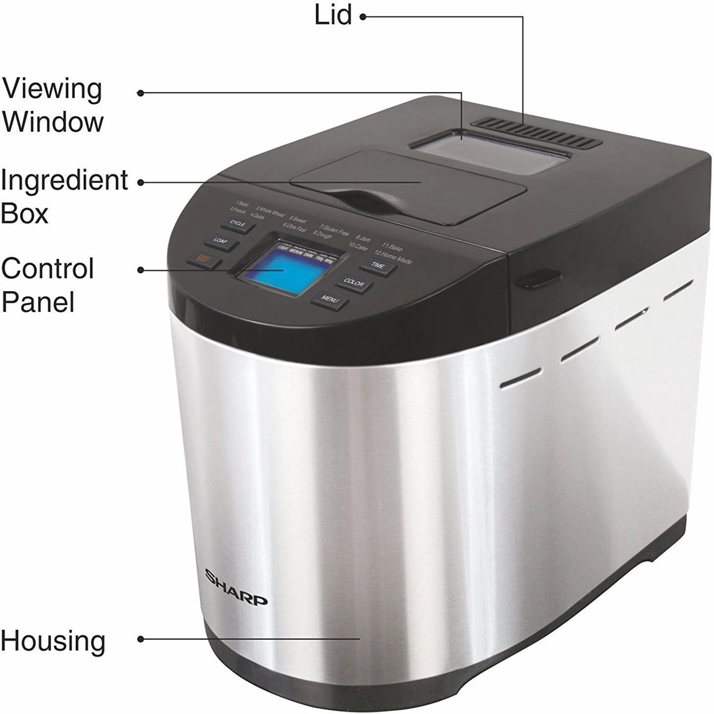 SHARP Fully Automatic Atta and Bread Maker | 12 Pre Set Menu including Gluten-free | 3 Crust Colours | Fruit & Nut Dispenser | LCD Display | PE-105-CS