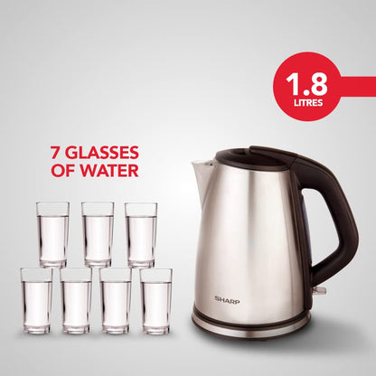 SHARP Stainless Steel Electric Kettle 1.8 Litre Electric Kettle | Auto-Cut function, Auto Lid Open | Japan Quality | EKJ-18WN-S