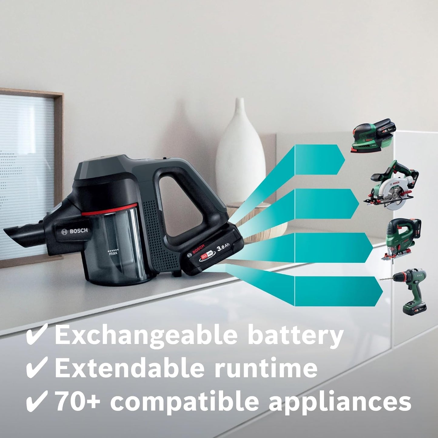Bosch Unlimited 7 Cordless Vacuum Cleaner with Rechargeable Battery, FlexTube, LED Lighting | 10 Year Motor Warranty | BCS711AIN