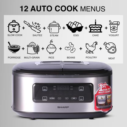 SHARP Electronic Twin Cooker | 5L Non-Stick Dual Pot Design | 12 Auto Cooking Modes | Japan Technology | KN-TC50VI-SL