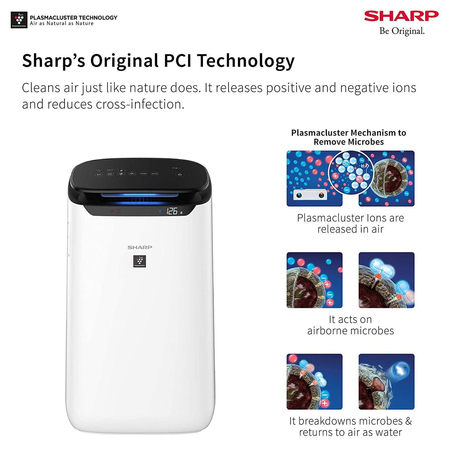 SHARP Air Purifier with Plasmacluster | Removes 99.97% Pollutants - Bacteria, Virus, Mold, VOCs | PM2.5 Indicator | 4-Stage Filter | Japan Tech |  550 ft² | FP‑J60M‑W