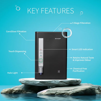 SHARP PureSip UV Water Purifier | 5-Stage Filtration & CeroSilver Technology | WJ-US004B-ES
